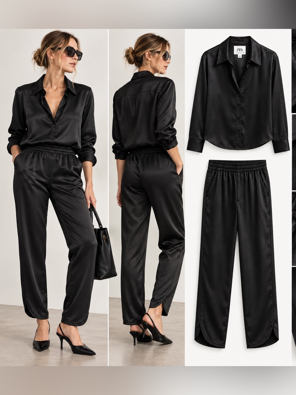 Zara Black Satin Wide Leg Pants & Button-Front Shirt